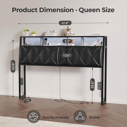 Queen Headboard Only, Headboard for Queen Size Bed with Storage, Upholstered Headboards with LED Lights & Charging Station, Attach Frame, Ideal for Bedroom/Dorm/Guest Room, Black, Faux Leather