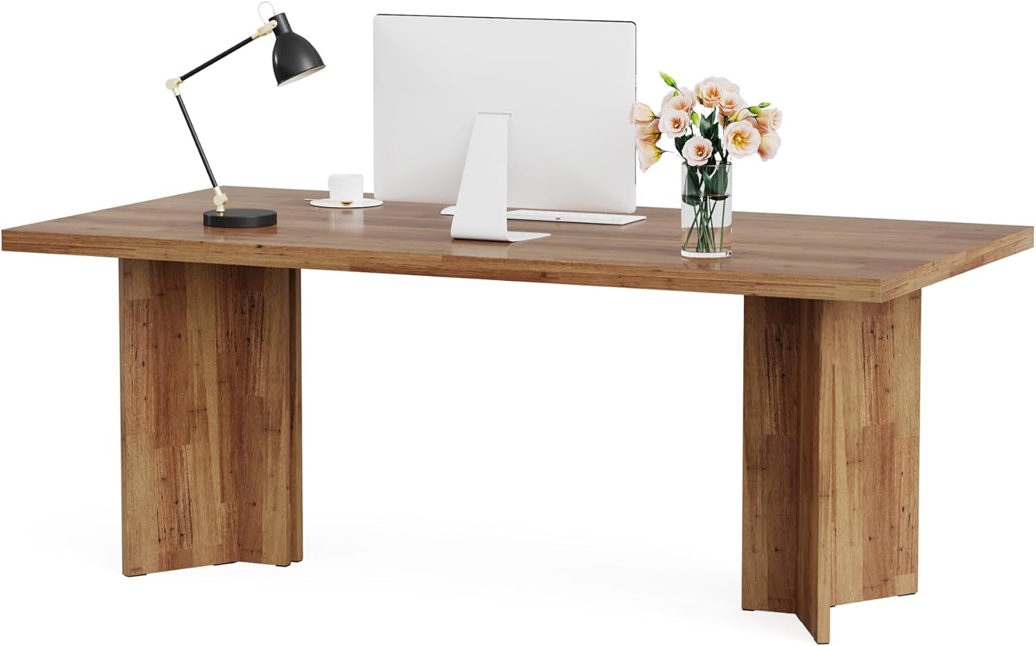 63-Inch Executive Desk, Vintage Home Office Computer Desk with Large Tabletop, Farmhouse Wood Writing Conference Table Workstation for Office, Study, Walnut Brown