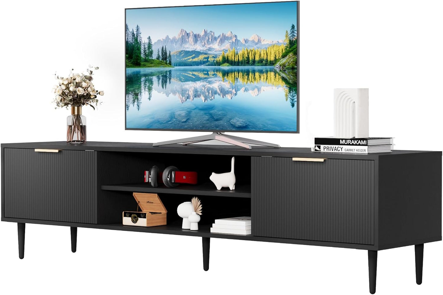 Black TV Stands, Mid Century Modern TV Stand, with 2 Large Storage Cabinets, for Tvs up to 75 In, Black Entertainment Center with Fluted Panel Design, Tvs Stands for Living Room, for Bedroom, Office