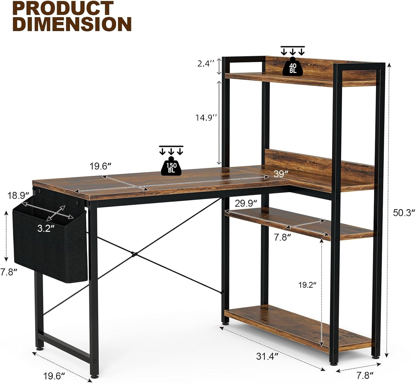 47 Inch L Shaped Computer Desk with Reversible Storage Shelves, Home Office Corner Desk Study Writing Table with Hutch, Study, Rustic Brown
