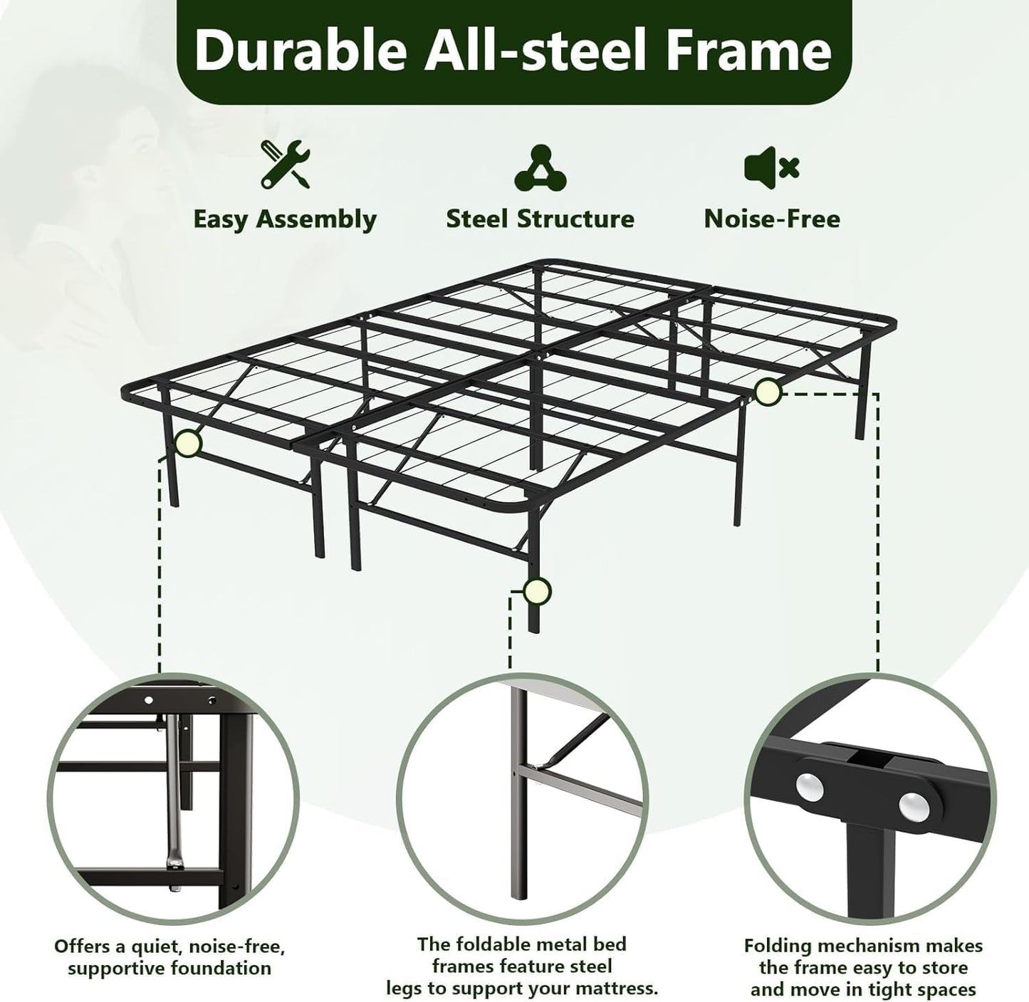 Foldable Full Size Bed Frame，Metal Platform with 14" Underbed Storage, Heavy Duty，Noise Free,Easy Foldable Assembly, No Box Spring Needed,Black