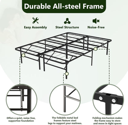 Foldable Full Size Bed Frame，Metal Platform with 14" Underbed Storage, Heavy Duty，Noise Free,Easy Foldable Assembly, No Box Spring Needed,Black