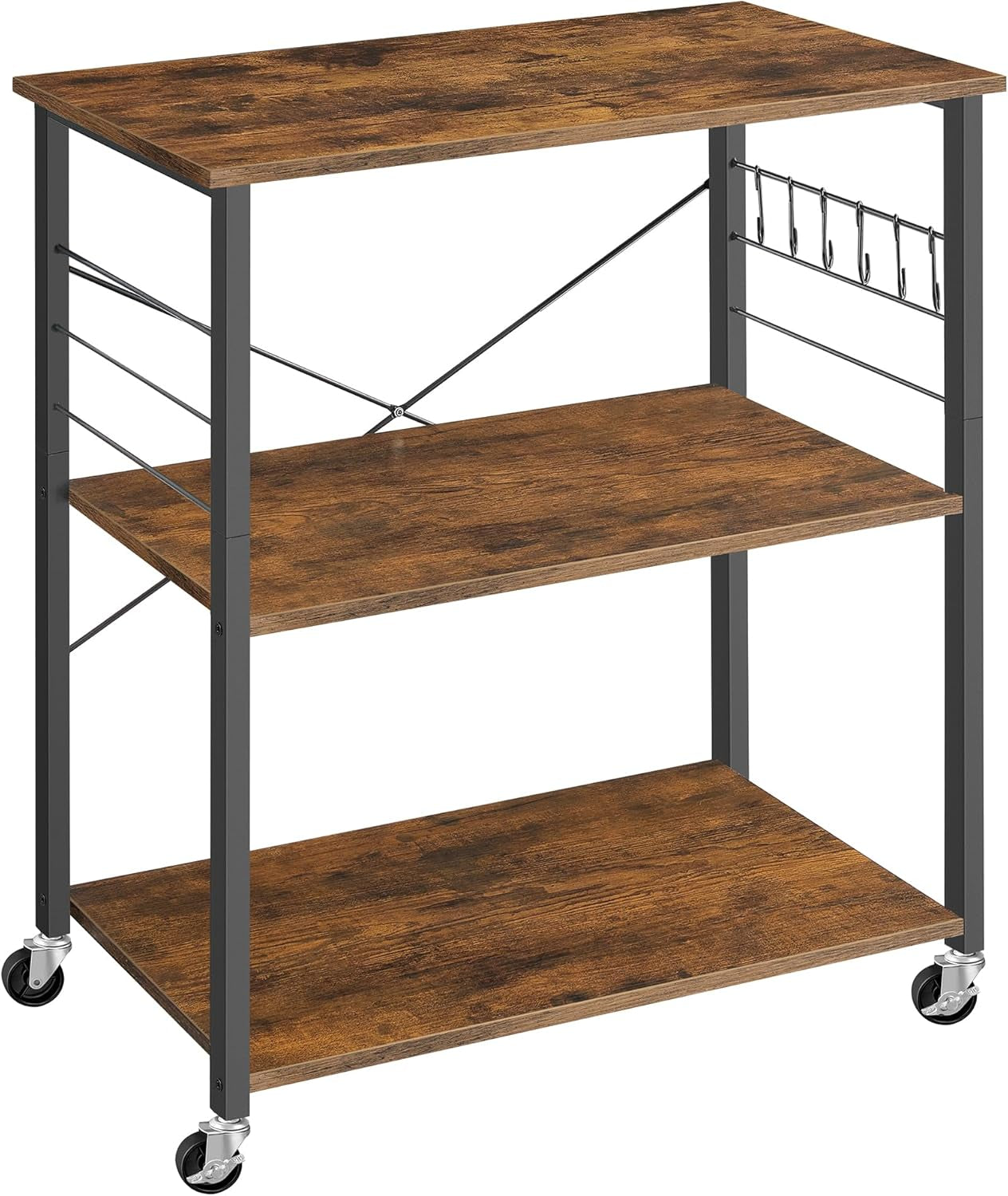 Kitchen Shelf on Wheels, Serving Cart with 3 Shelves, Kitchen Cart, Microwave Shelf, for Mini Oven, Toaster, with 6 Hooks, Industrial Style, Rustic Brown and Black UKKS067K01