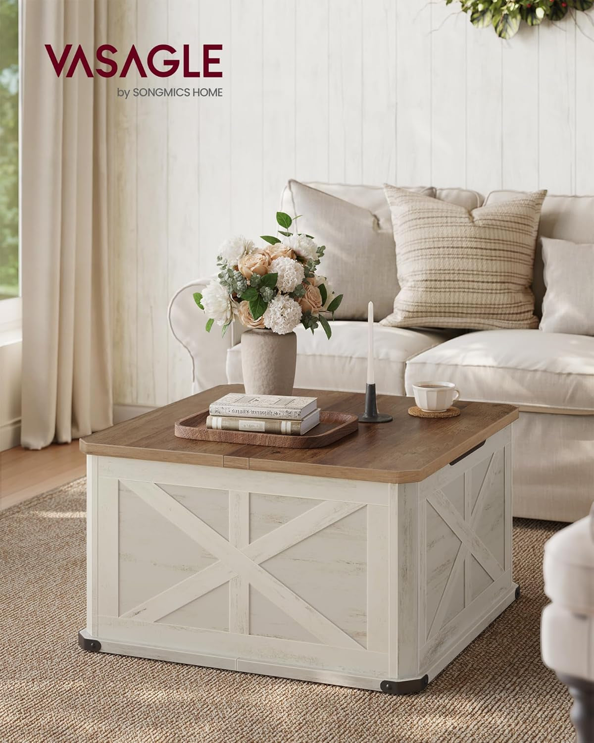 Farmhouse Coffee Table with Storage, Square Coffee Table for Living Room, Center Table with Flip-Top Lids, Honey Brown and Rustic White ULCT232W73