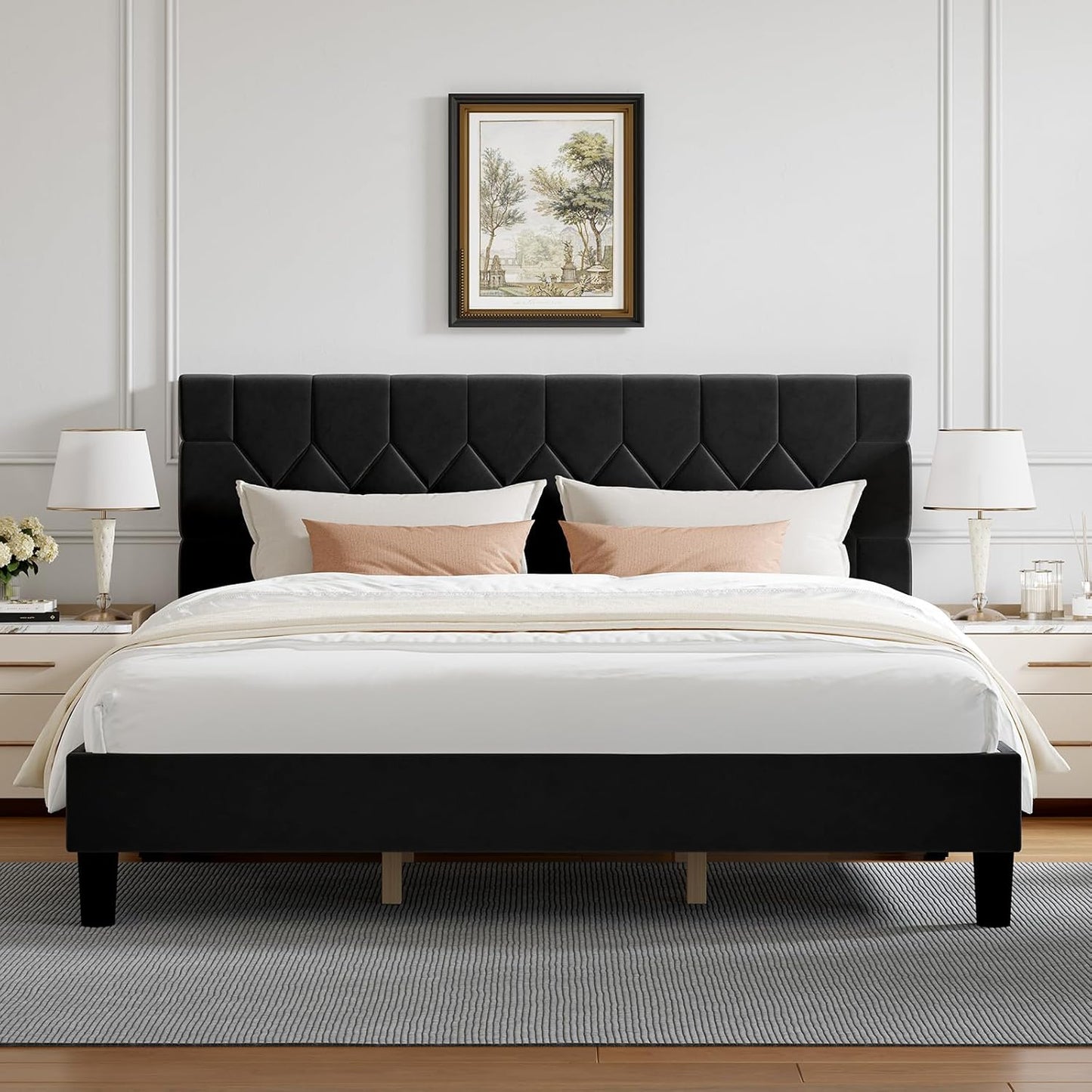 King Size Bed Frame, King Bed Frame and Headboard, Velvet Upholstered Pull-Point Bed Frames, No Box Spring Needed, Heavy Duty Feet, Easy Assembly, Black Velvet