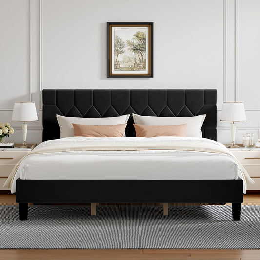 King Size Bed Frame, King Bed Frame and Headboard, Velvet Upholstered Pull-Point Bed Frames, No Box Spring Needed, Heavy Duty Feet, Easy Assembly, Black Velvet