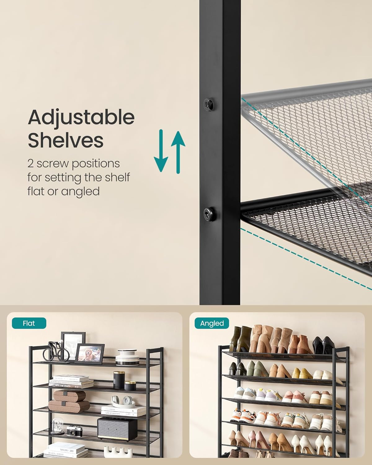 Shoe Rack, 10-Tier Shoe Organizer, Metal Rack for Garage, Set of 2, 5-Tier Stackable Shelf, with Adjustable Flat or Angled Shelves, 40-50 Pairs, Ink Black ULMR010B01