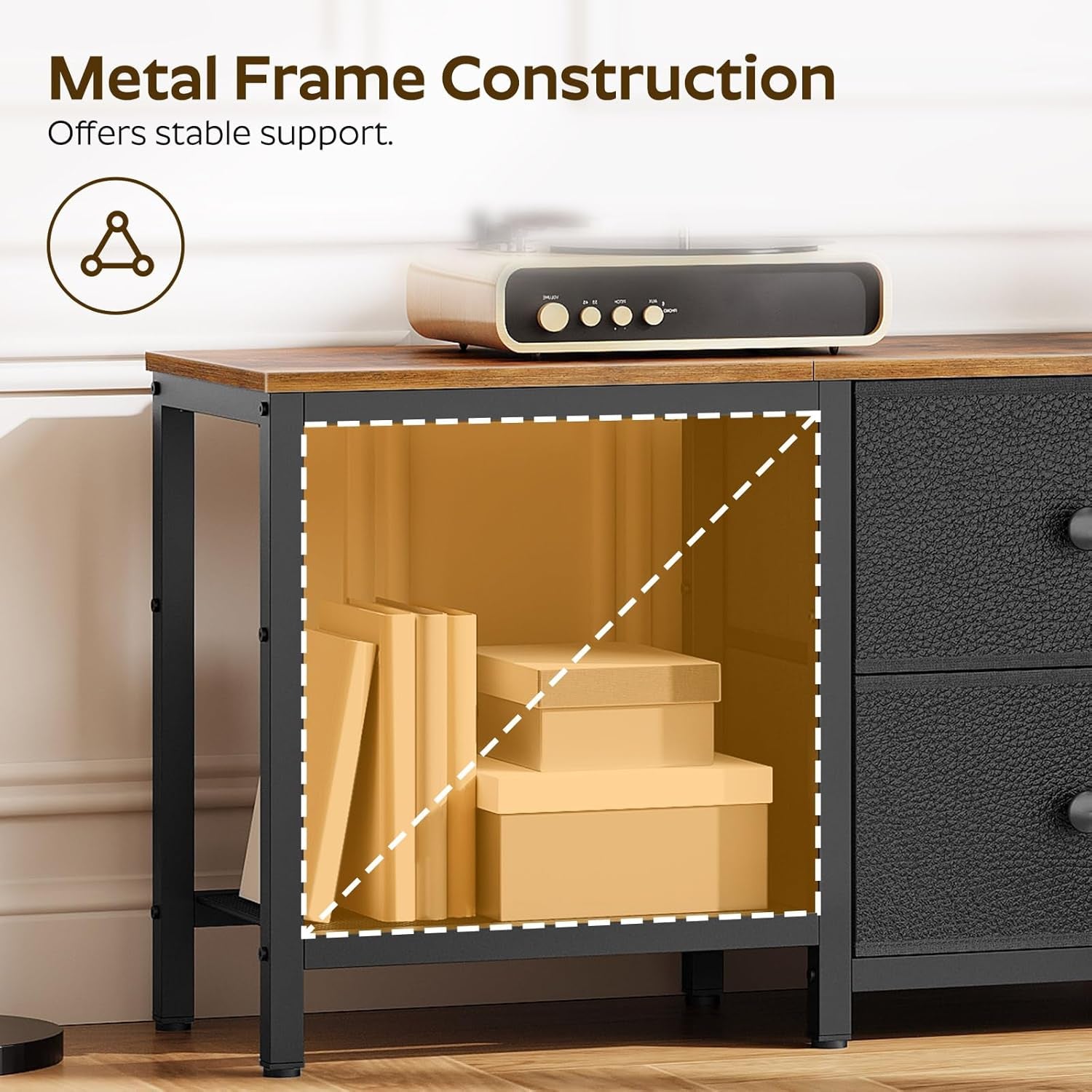 TV Stand for Tvs up to 55", Entertainment Center with 2 Fabric Drawer, Media Console with Shelves, Television Stands for Living Room, Bedroom, Rustic Brown and Black DS02BR