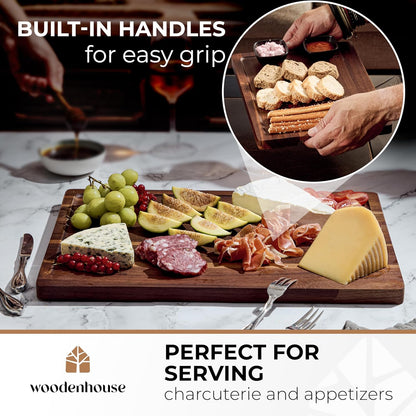 Acacia Wood Cutting Board Set of 3 with Holder, Juice Grooves & Built-In Handles - Durable, Wooden Cutting Boards for Kitchen, Perfect for Chopping, Food Prep and Serving as a Charcuterie