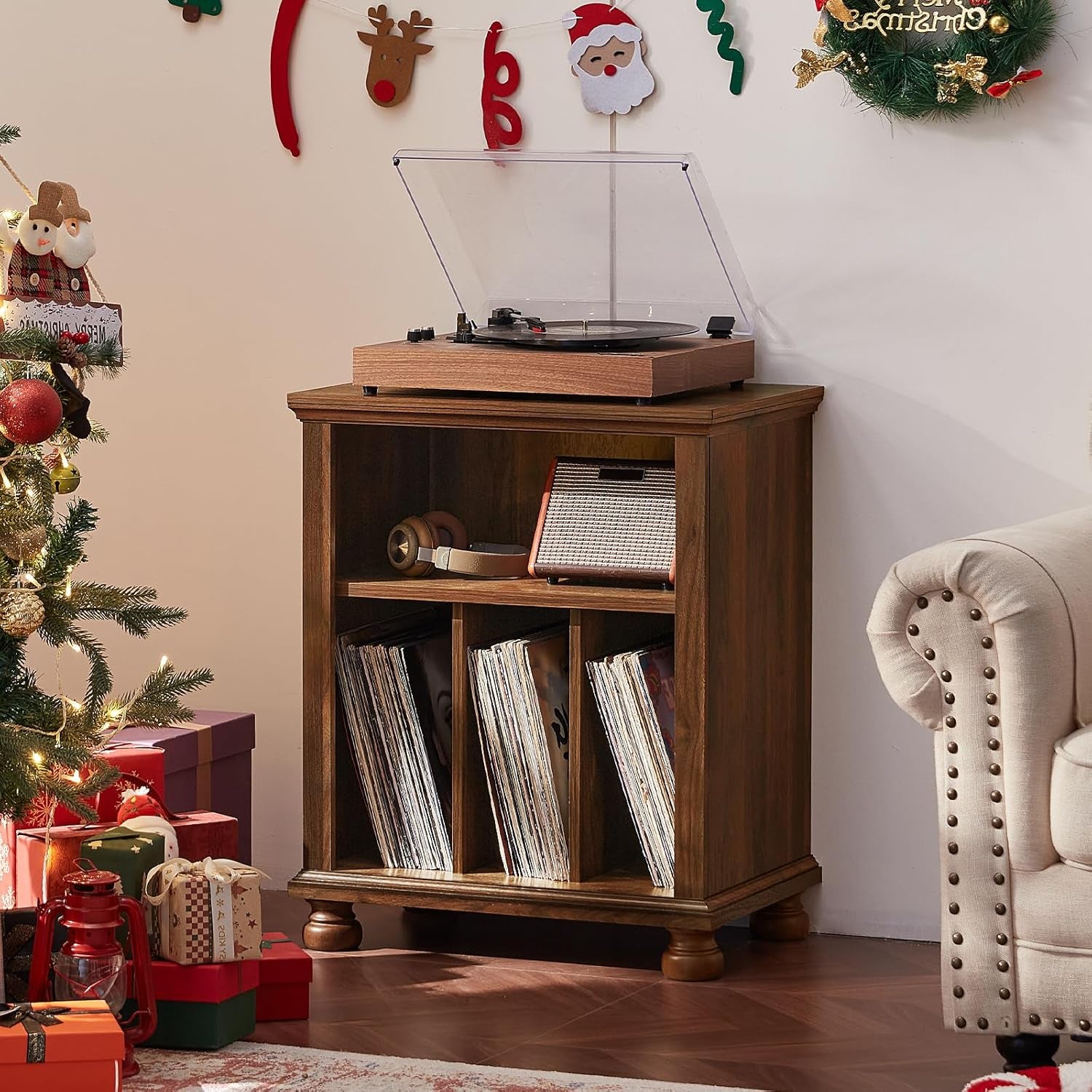 Record Player Stand with Vinyl Record Storage, 24" Wide Mid-Century Record Player Table up to 200 Albums,Large Wood Turntable Stand Cabinet Dispaly Shelf for Living Room,Bedroom,Brown