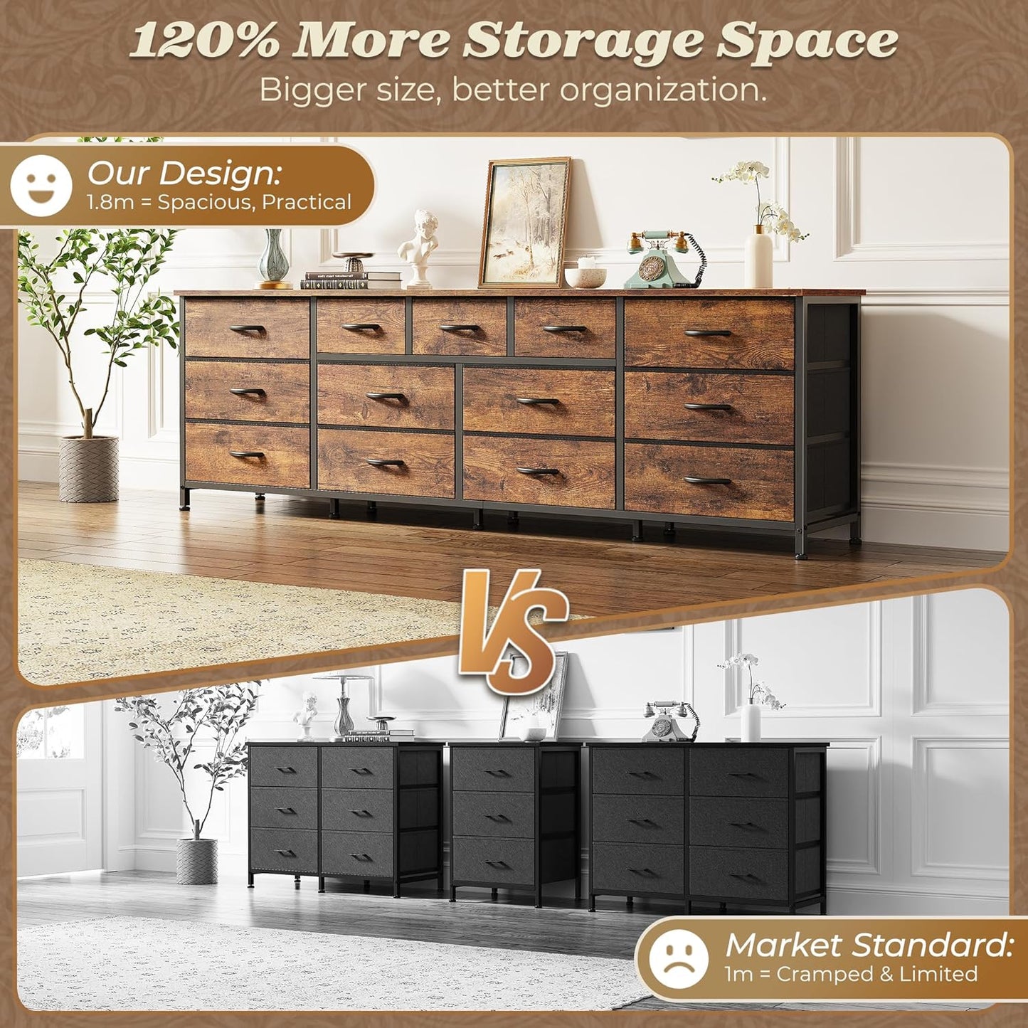 70 Inch Dresser for Bedroom, TV Stand for 65, 75, 80 Inch TV, 13 Fabric Drawer Long Dresser, Large Entertainment Center for Bedroom, Wide Chest of Drawer with Storage, Rustic Brown