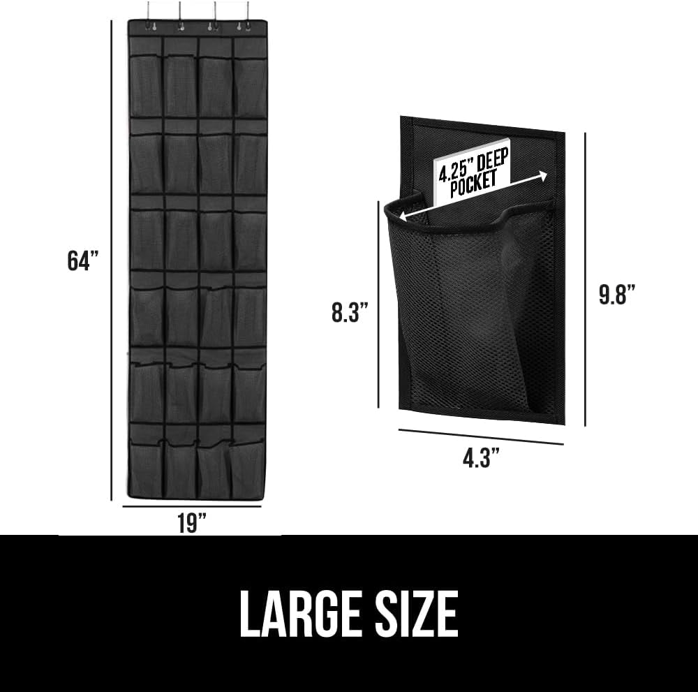 over the Door Shoe Organizer, 24 Large Breathable Mesh Pockets, Space Saving Hanging Storage Holder, Closet Rack Hanger Holds up to 40 Lbs, Hangs on Closets for Shoes, Accessories, Black