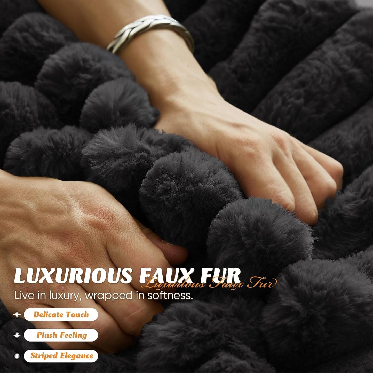 Oversized Chaise Lounge Indoor, Modern Plush Faux Fur Fabric Deep Seat Boneless Memory Foam Sleeper Chaise Lounge Sofa Chair with Pillows for Living Room Bedroom Studio, No Assembly Couch, Black