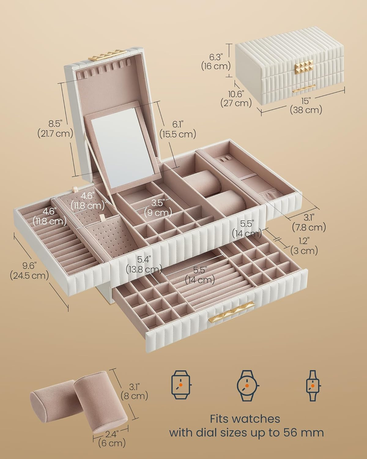 HOME Large Capacity Jewelry Box with Mirror, Jewelry Organizer with a Drawer, PU Surface with Stitching, 10.6 X 15 X 6.3 Inches, Cloud White, ANAH Collection ​UJBC184W01