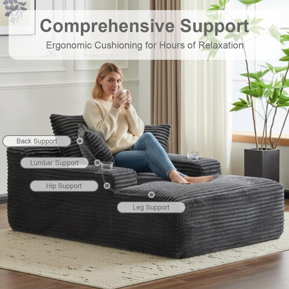 66" Oversized Chaise Lounge Sofa Chair Indoor, Modern Corduroy Single Sleeper Couch Chair with 3 Soft Pillows＆Cup Holder, Boneless Cloud Couch Single Seat Sofa Bed for Living Room Office (Dark Grey)