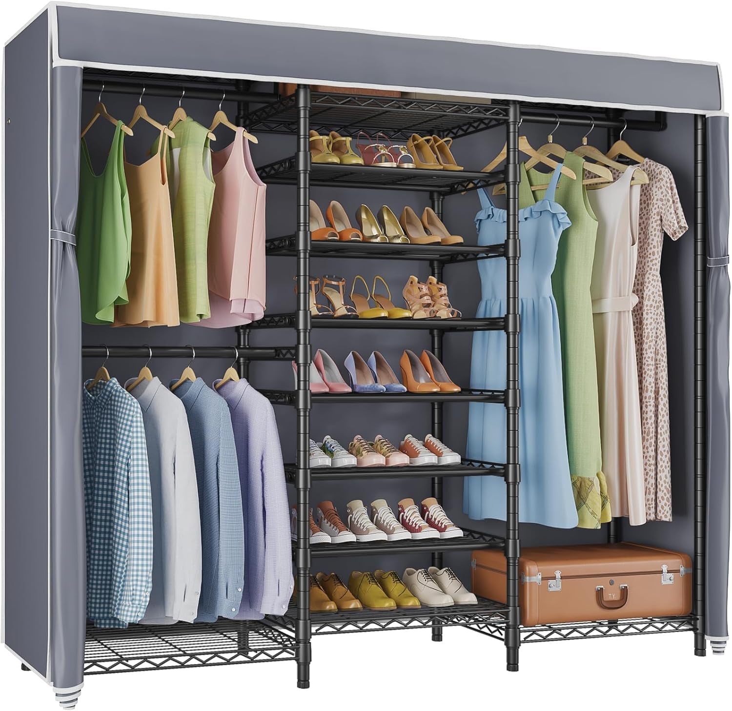 S3C Heavy Duty Portable Closet with Adjustable Shoe Rack Wire Shelf, Large Wardrobe Organizer for Bedroom Storage, Freestanding Clothes Rack with Hanging Rod, Custom Black Rack with Grey Cover