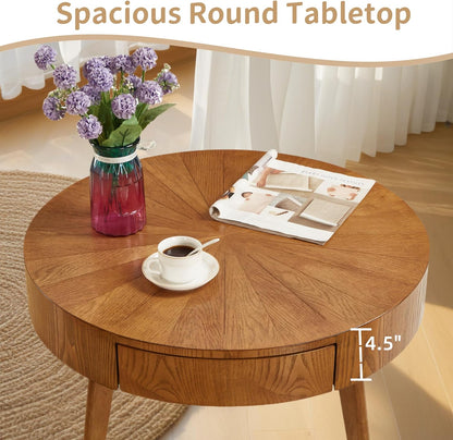 Round Wood Coffee Table for Living Room, Modern Farmhouse Table with Drawer, Wooden Circle Coffee Table, 29.14" L X 29.14" W X 15.87" H
