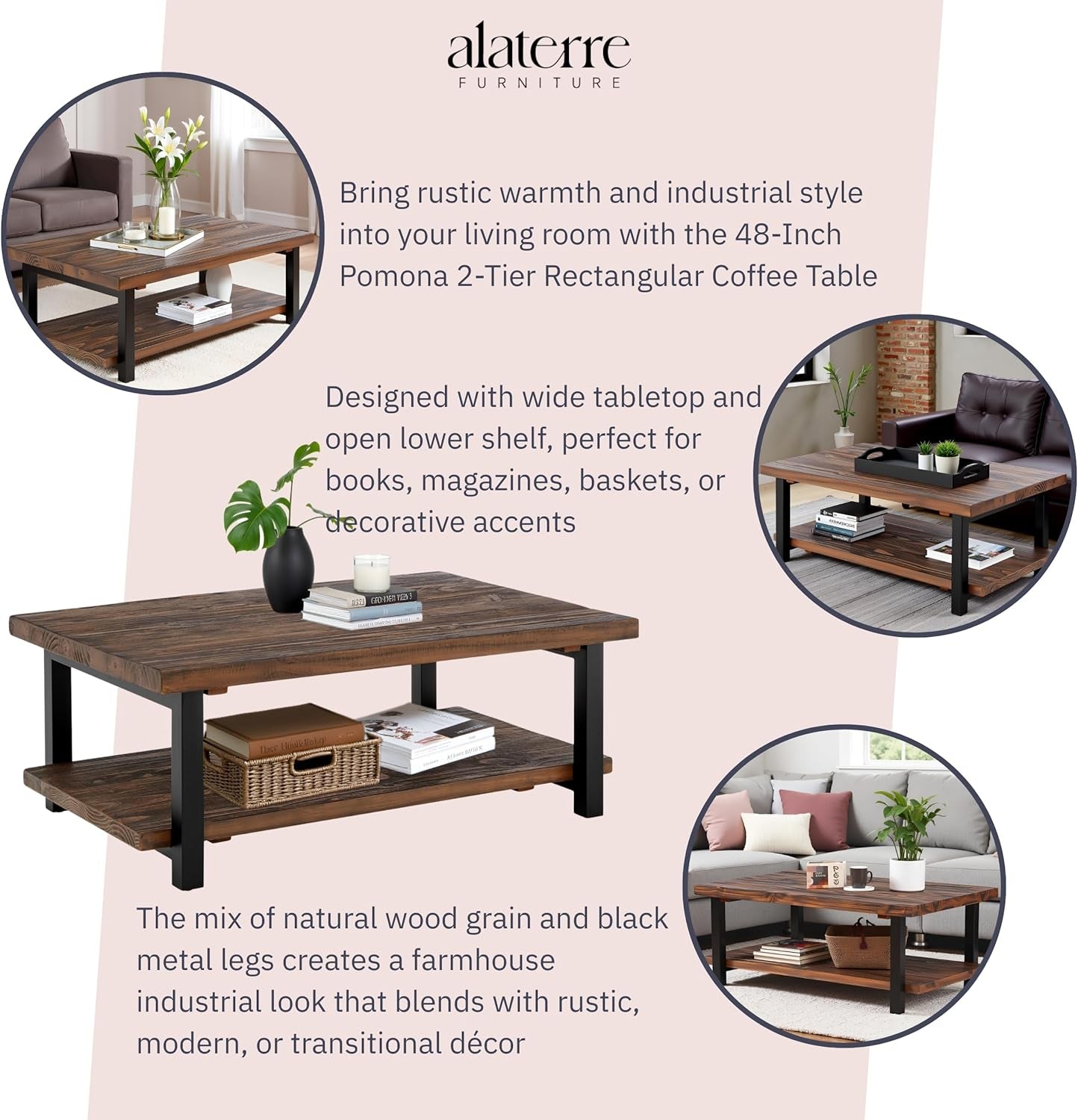 Pomona Rustic Industrial 2-Tier Rectangular Coffee Table – 48” Solid Wood Top with Shelf, Metal Legs, and Reclaimed Finish – Farmhouse Style Living Room Furniture