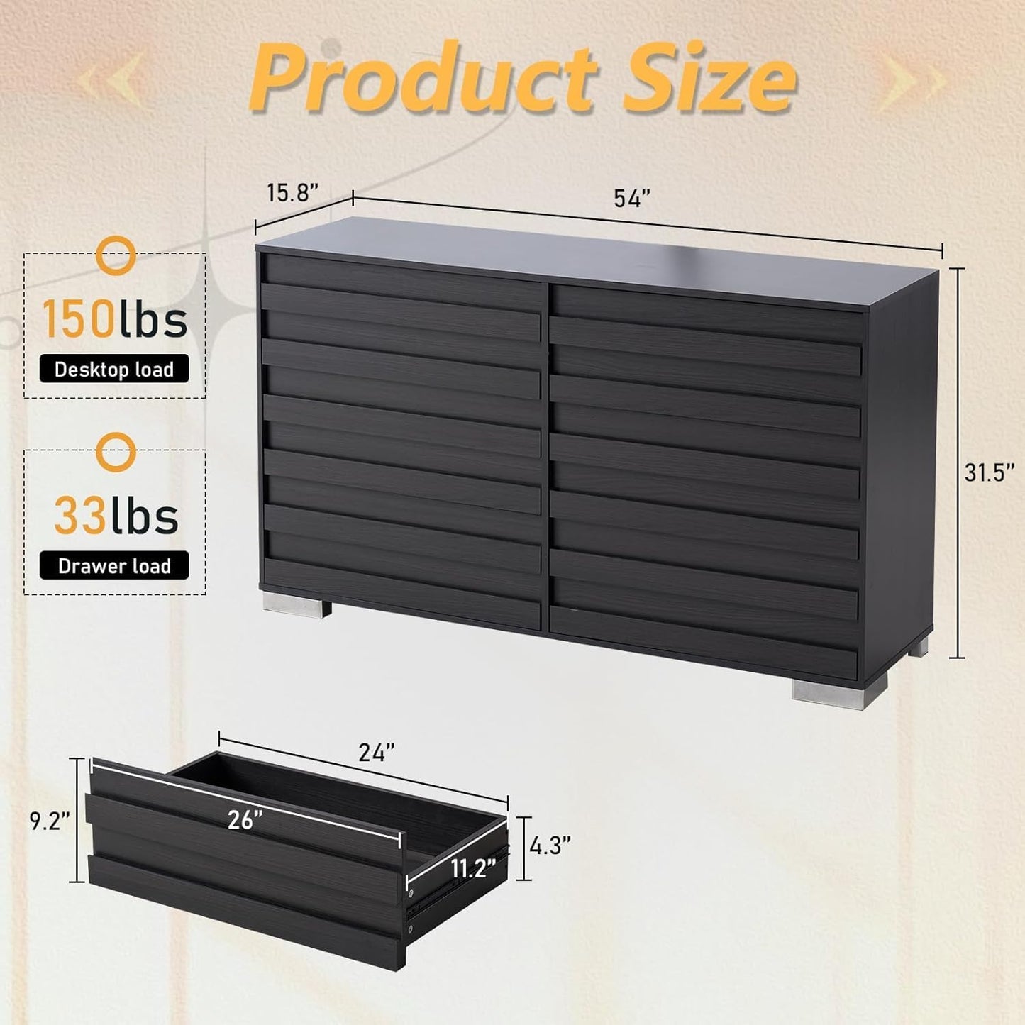 2 Pcs Bedroom Furniture Sets - Includes 1 X Farmhouse 6 Drawers Dresser, 1X Farmhouse Full Size Bed Frame with 49" Tall Headboard, Wooden Platform Bed with Hidden Metal Bed Frame, Black
