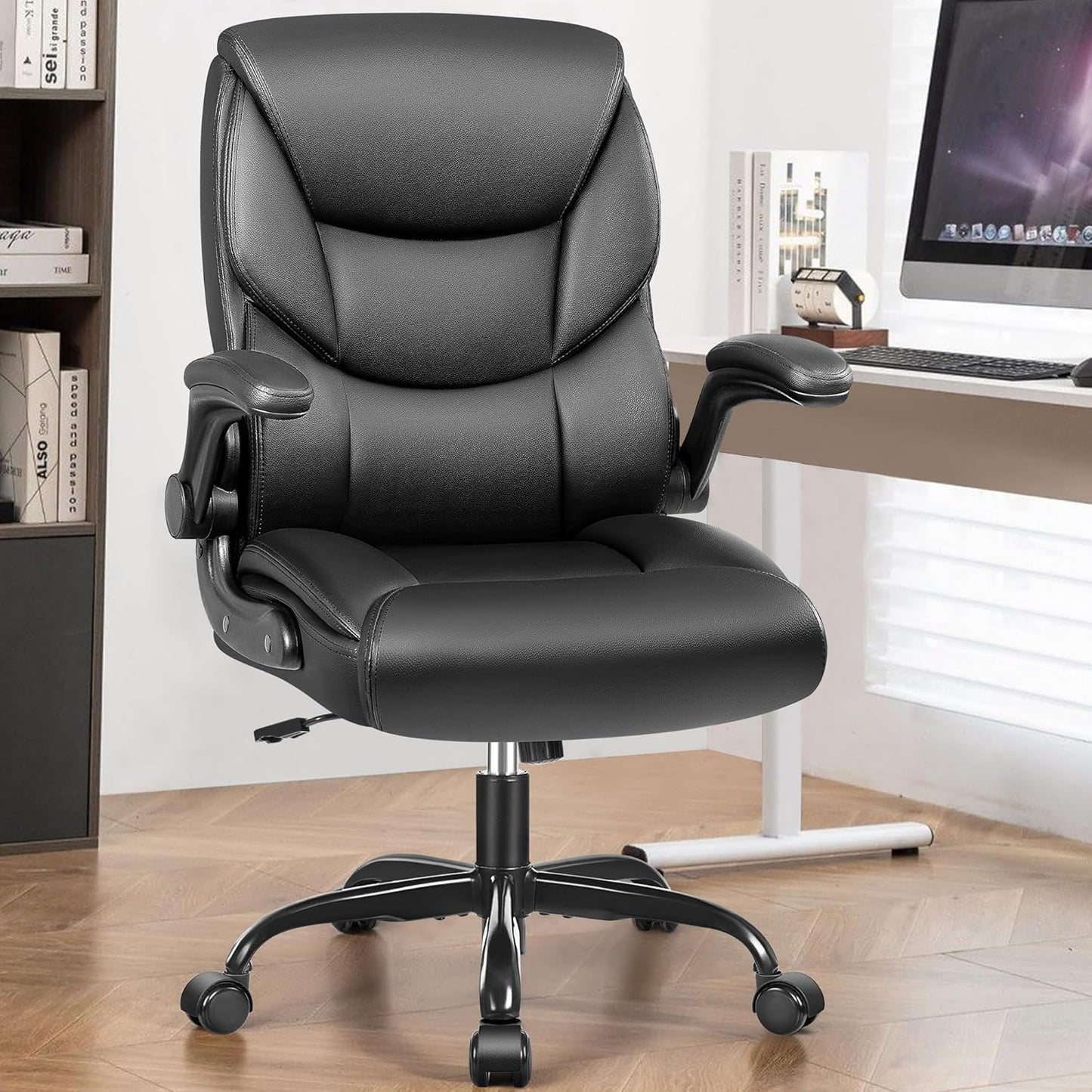 Leather Office Chair - Small PU Ergonomic Desk Chair, Comfy Computer Chair with Wheels and Flip-Up Armrests, Adjustable Height Mid Back Executive Office Chair for Short People-Black