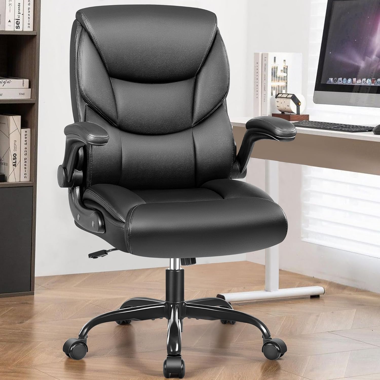 Leather Office Chair - Small PU Ergonomic Desk Chair, Comfy Computer Chair with Wheels and Flip-Up Armrests, Adjustable Height Mid Back Executive Office Chair for Short People-Black