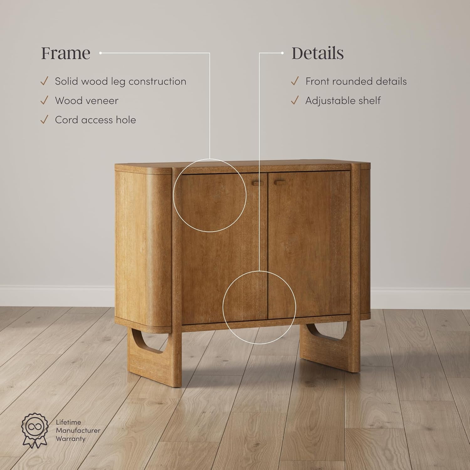 Solace Mid Century Modern Cabinet, Storage Cabinet or Accent Cabinet with Doors with Solid Wood Legs and Adjustable Shelf, Light Brown