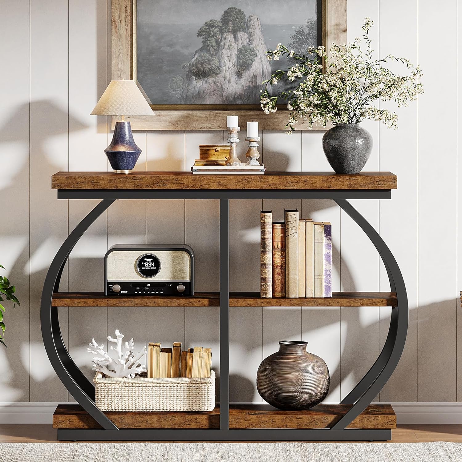 41.3" Console Table, Industrial 3-Tier Entryway Table with Arched Metal Frame and Storage Shelves for Living Room, Hallway, Rustic Brown