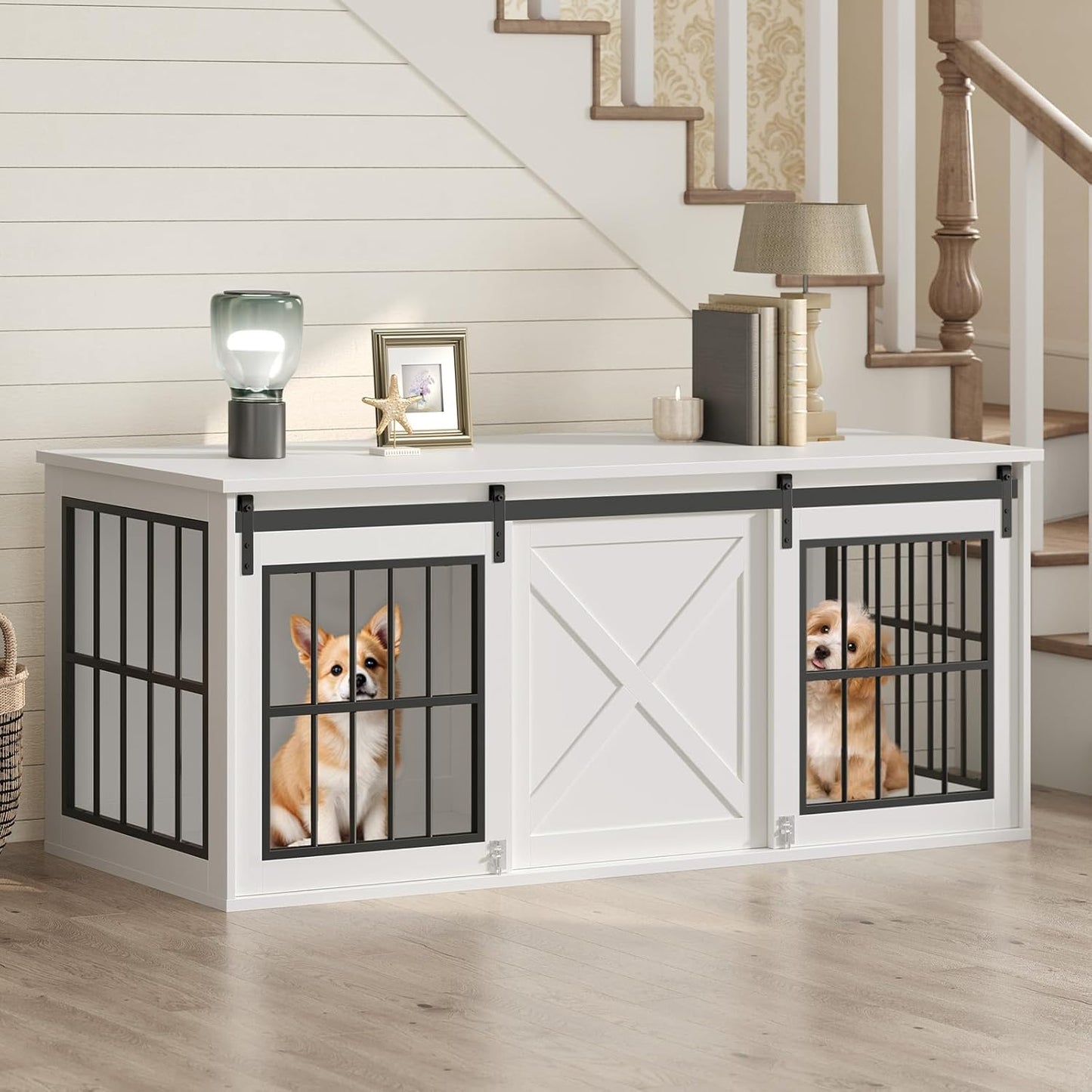 Dog Crate Furniture for 2 Dogs, 63" Heavy Duty Dog Kennel with Sliding Barn Door, Wooden Double Dog Crate with Divider for Small Medium Dogs, Indoor Dog Cage TV Stand, White DCHW16001N1