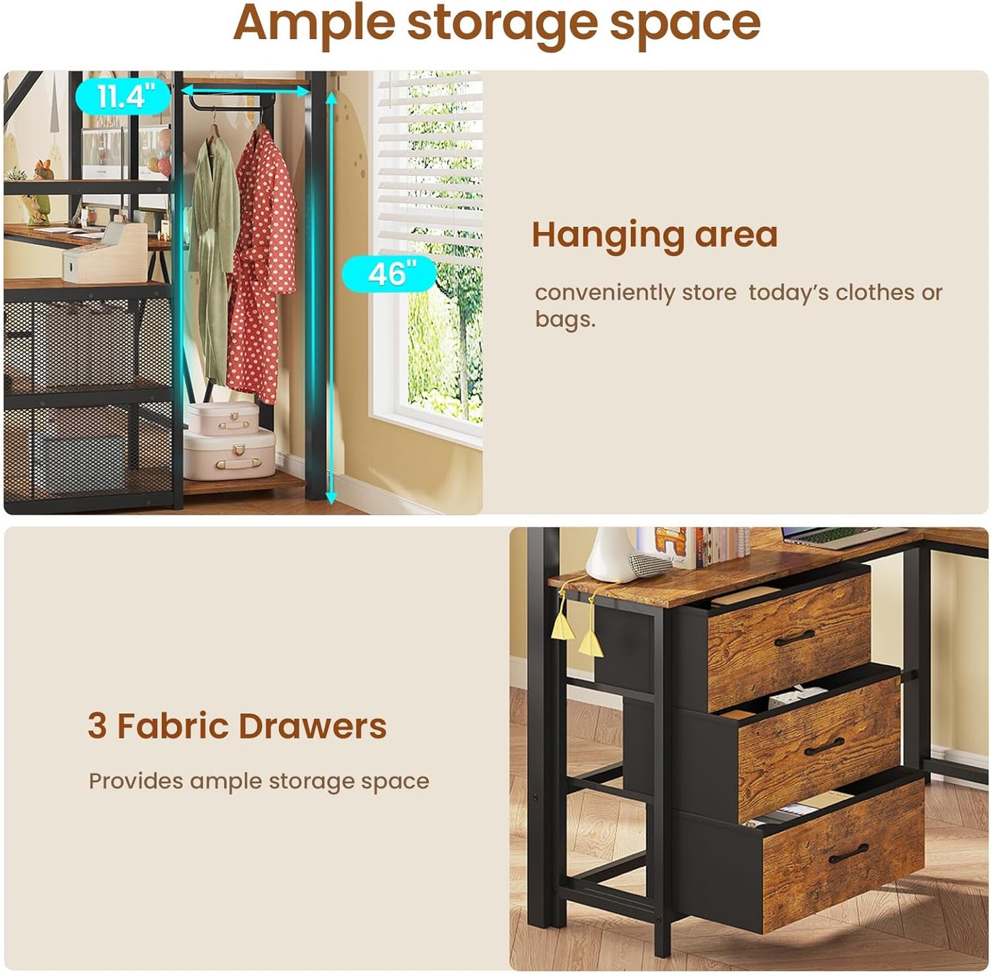 Stairway Twin Size Loft Bed with L Shaped Desk and Wardrobe, Metal Loft Bed Frame with Storage Stairs, 3 Fabric Drawers, LED Lights & Charging Sation, Rustic Brown