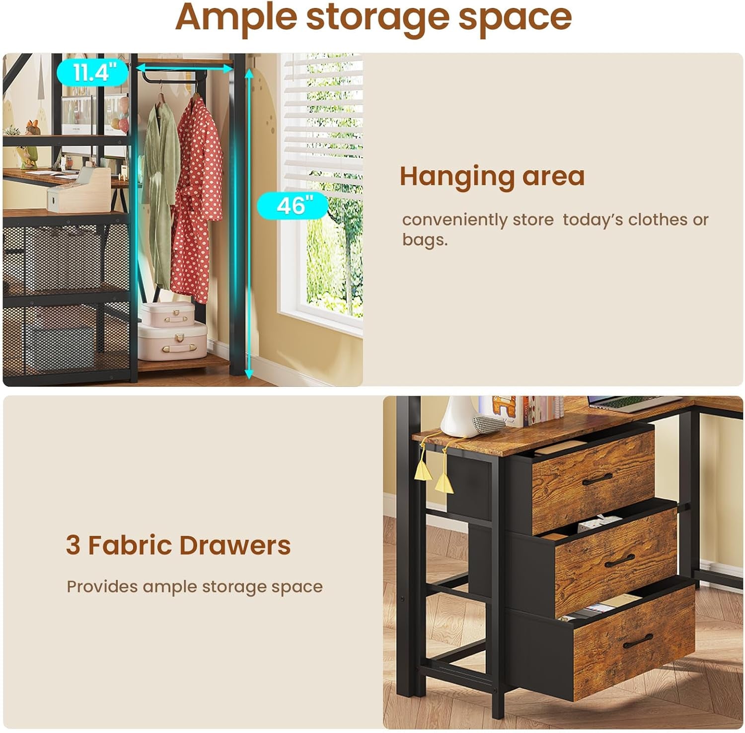 Stairway Twin Size Loft Bed with L Shaped Desk and Wardrobe, Metal Loft Bed Frame with Storage Stairs, 3 Fabric Drawers, LED Lights & Charging Sation, Rustic Brown