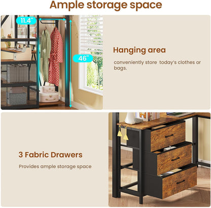 Stairway Twin Size Loft Bed with L Shaped Desk and Wardrobe, Metal Loft Bed Frame with Storage Stairs, 3 Fabric Drawers, LED Lights & Charging Sation, Rustic Brown