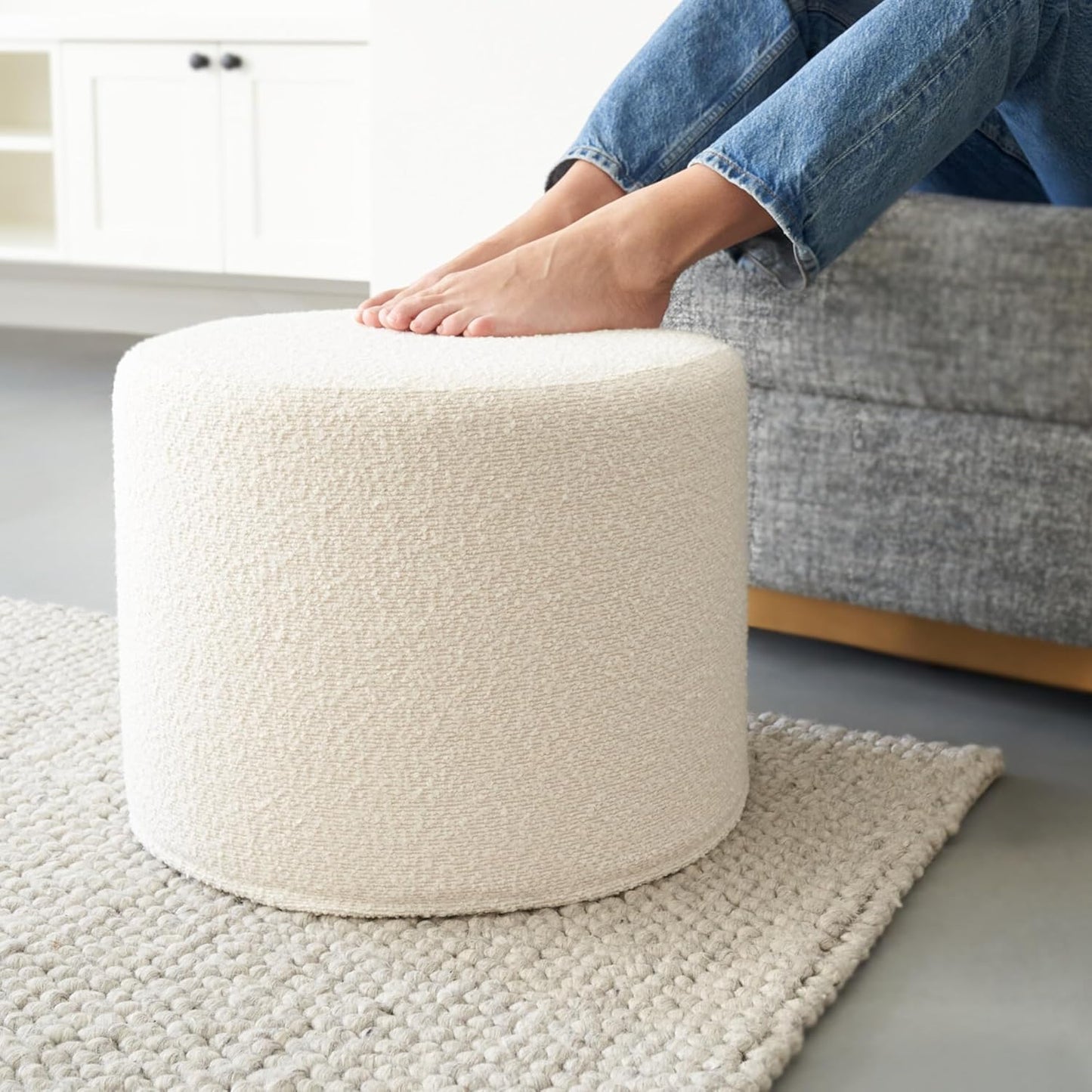 Beautiful Boucle Pouf Ottoman and Foot Rest - Elevate Your Living Room Decor with Lightweight Comfort and Charm - a round Modern Foam Filled Foot Stool Perfect to Rest Your Feet