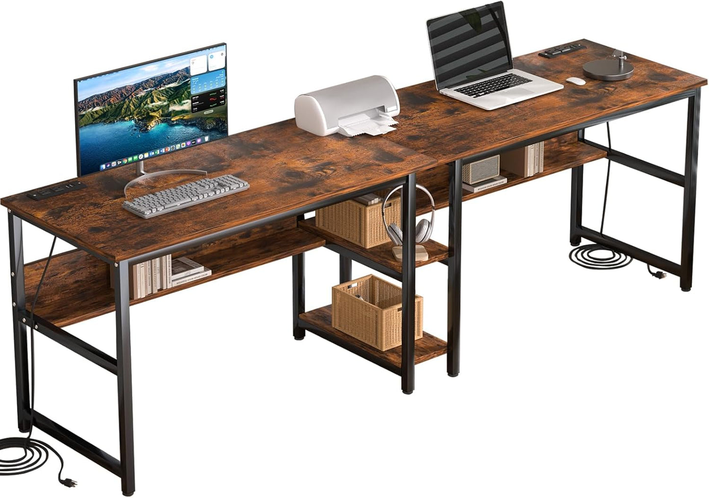 78.74" Two Person Desk with 2 Power Strips, Double Desk with Shelves, Long Computer Desk for Two People, Wood Writing Desk Workstation for Home Office, 23.62"D X 78.74"W X 29.52"H, Rustic Brown