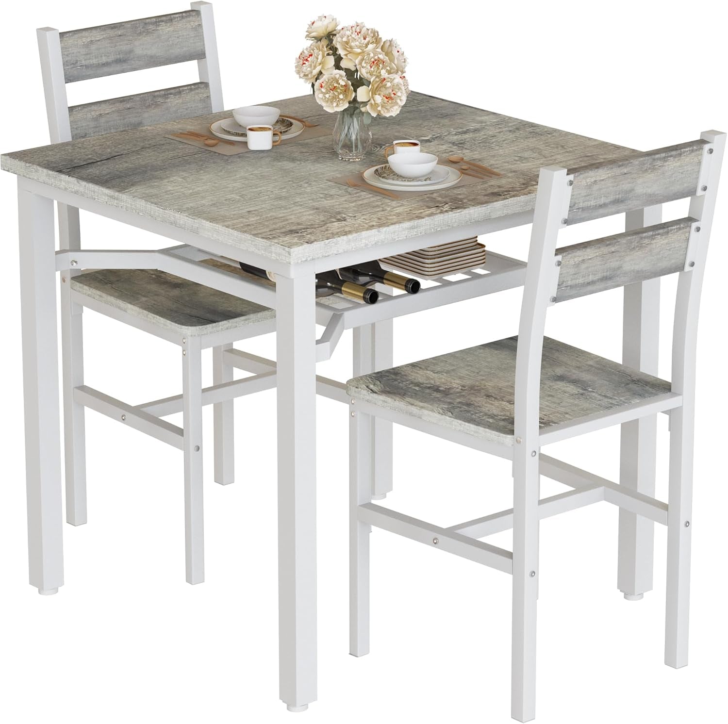 3 Piece Dining Table Set for 2, Small Wooden Kitchen Table with Storage, Farmhouse Square Dinette Set for Dining Room, Breakfast Nook, Apartment, Small Space