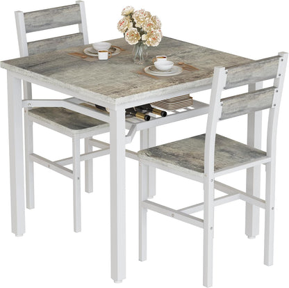 3 Piece Dining Table Set for 2, Small Wooden Kitchen Table with Storage, Farmhouse Square Dinette Set for Dining Room, Breakfast Nook, Apartment, Small Space