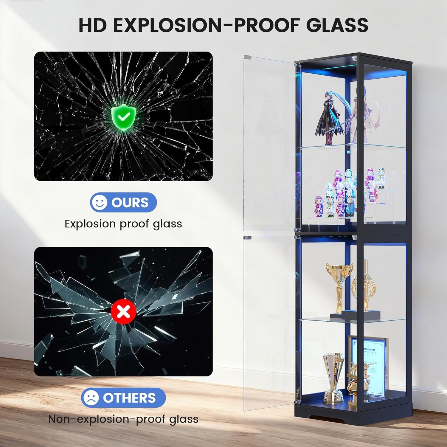 Glass Display Cabinet with Doors, 65" Tall 4-Tier Curio Display Case with 3 Color Lights and Human Body Sensor, Bookcase for Collectibles, Black