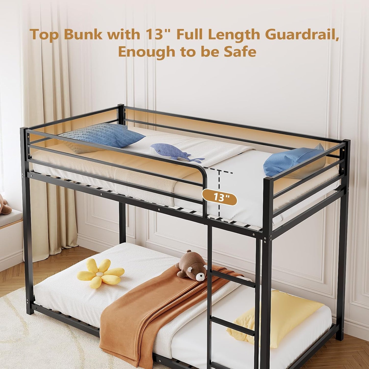 Metal Bunk Bed Full over Full, Twin Size Bed Frame for Boys Girls, Junior, Low Profile Bunk, Space Saving Design, Mattress Not Included (Black)