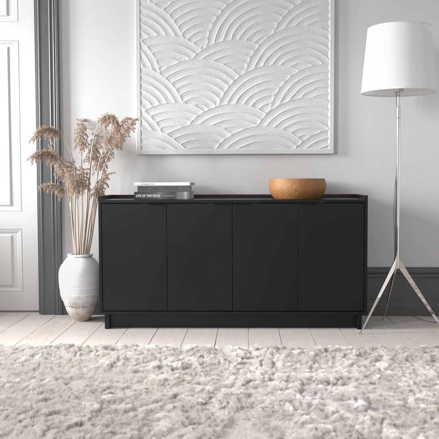 Simply Modern 4 Door Console Table Storage Cabinet, Buffet Cabinet for Storage and Organization, Modern Side Table with Doors & Shelves, 60”W X 30”H X 16”D, Black