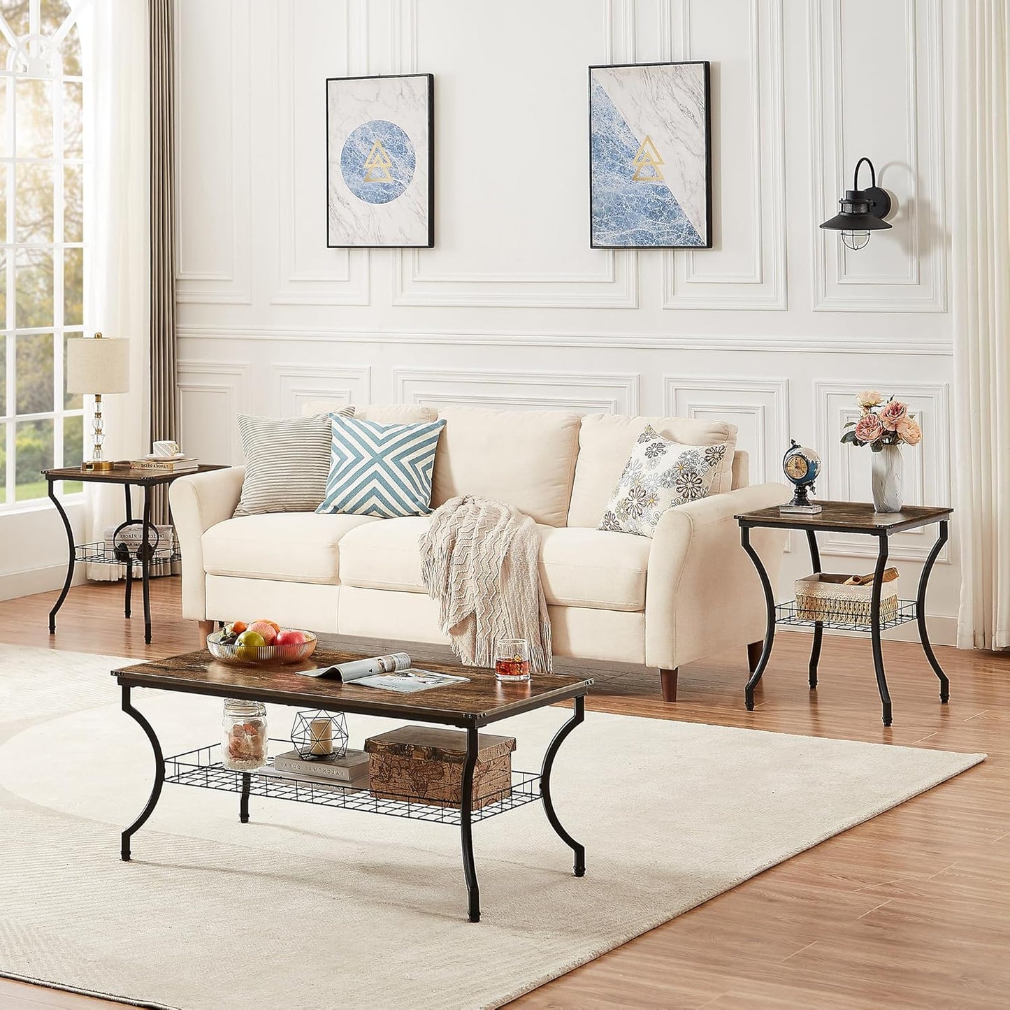3 Pieces Living Room Table Sets, Coffee and End Tables with Open Storage Shelves for Apartment, Home Office, Small Space, Easy Assembly, Brown