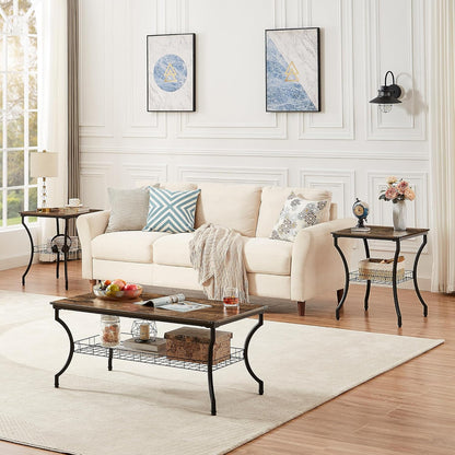 3 Pieces Living Room Table Sets, Coffee and End Tables with Open Storage Shelves for Apartment, Home Office, Small Space, Easy Assembly, Brown
