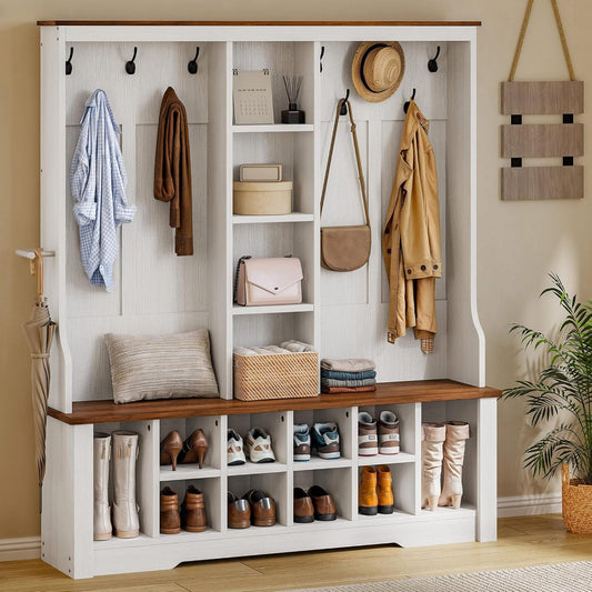 59" Wide Hall Tree with Bench and Storage for Hallway Entryway, 10 Shoe Cubbies & 10 Coat Hooks, 4-Tier of Center Storage Open Cabinets, Coat Rack with Space for Bedroom Living Room (White)