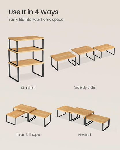 Cabinet Organizer Shelf, Set of 3 Kitchen Counter Shelves, Kitchen Storage, Spice Rack, Stackable, Expandable, Ink Black and Natural Beige UKCS014YL03