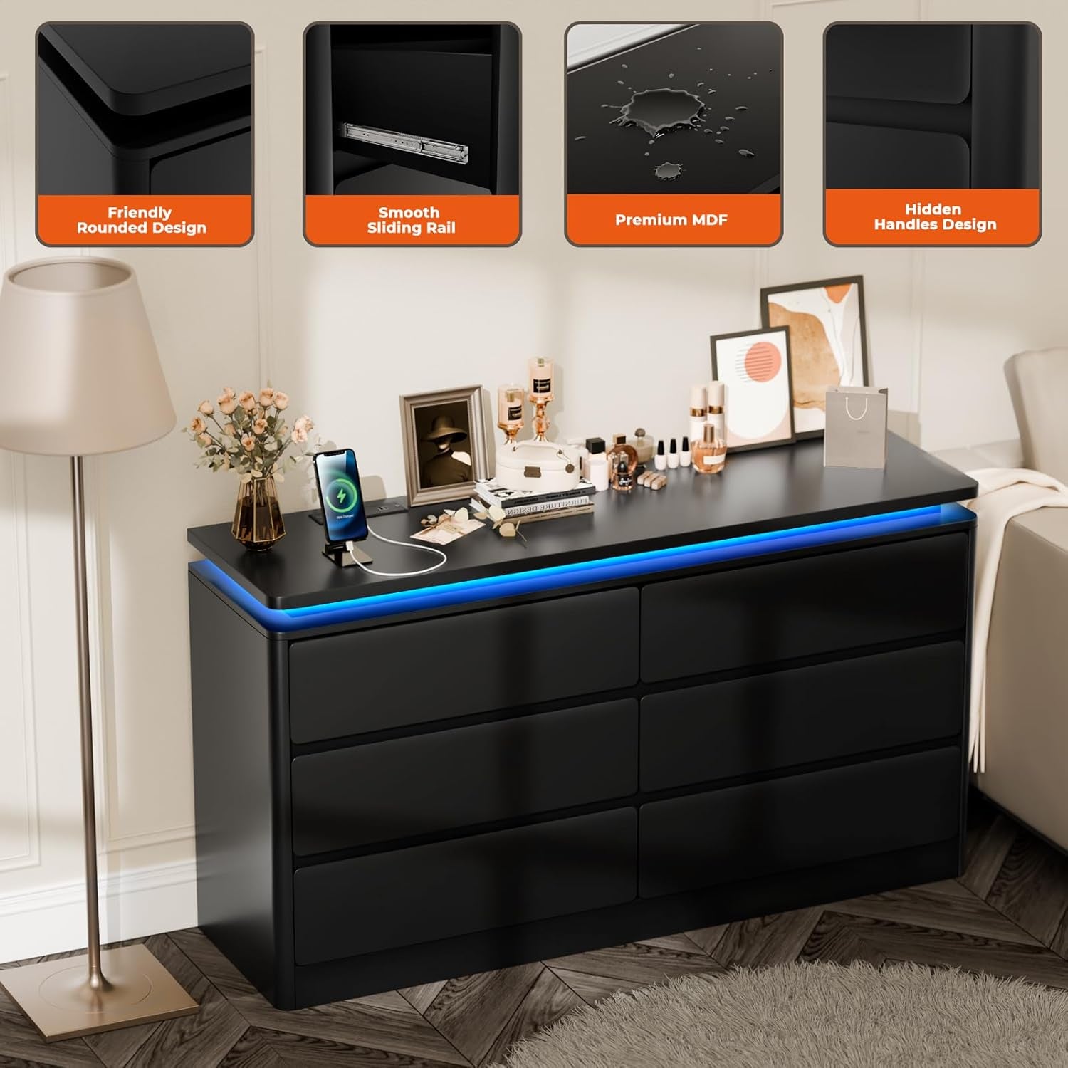 6 Drawer Black Dresser for Bedroom, 47.2" Long Chest of Drawers with Charging Station & LED Lights, Double Wooden Storage Cabinet for Closet,Modern Dresser TV Stand with Deep Drawers