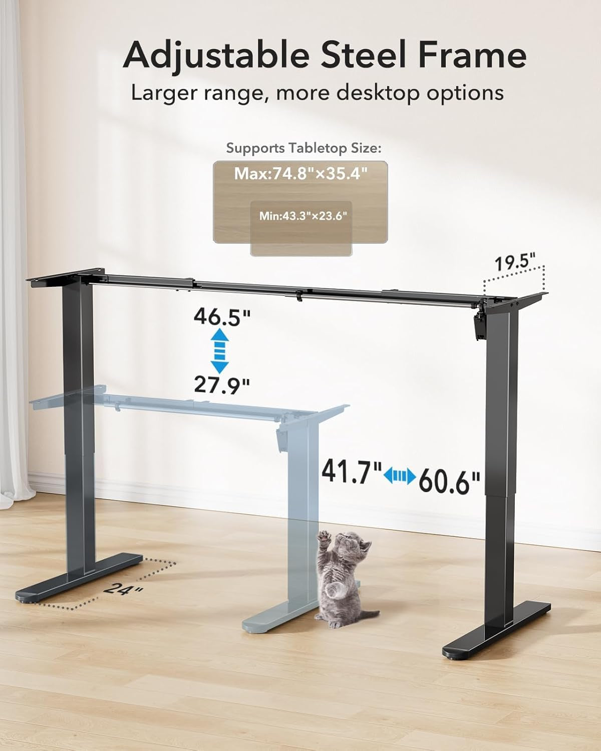 Standing Desk Frame with 220Lbs Powerful Brushless Motor, Thick T-Shaped Adjustable Desk Legs Made of Automotive-Grade Steel, for Max 75″ X 35″ Desktop, for Home Office, Black Frame Only