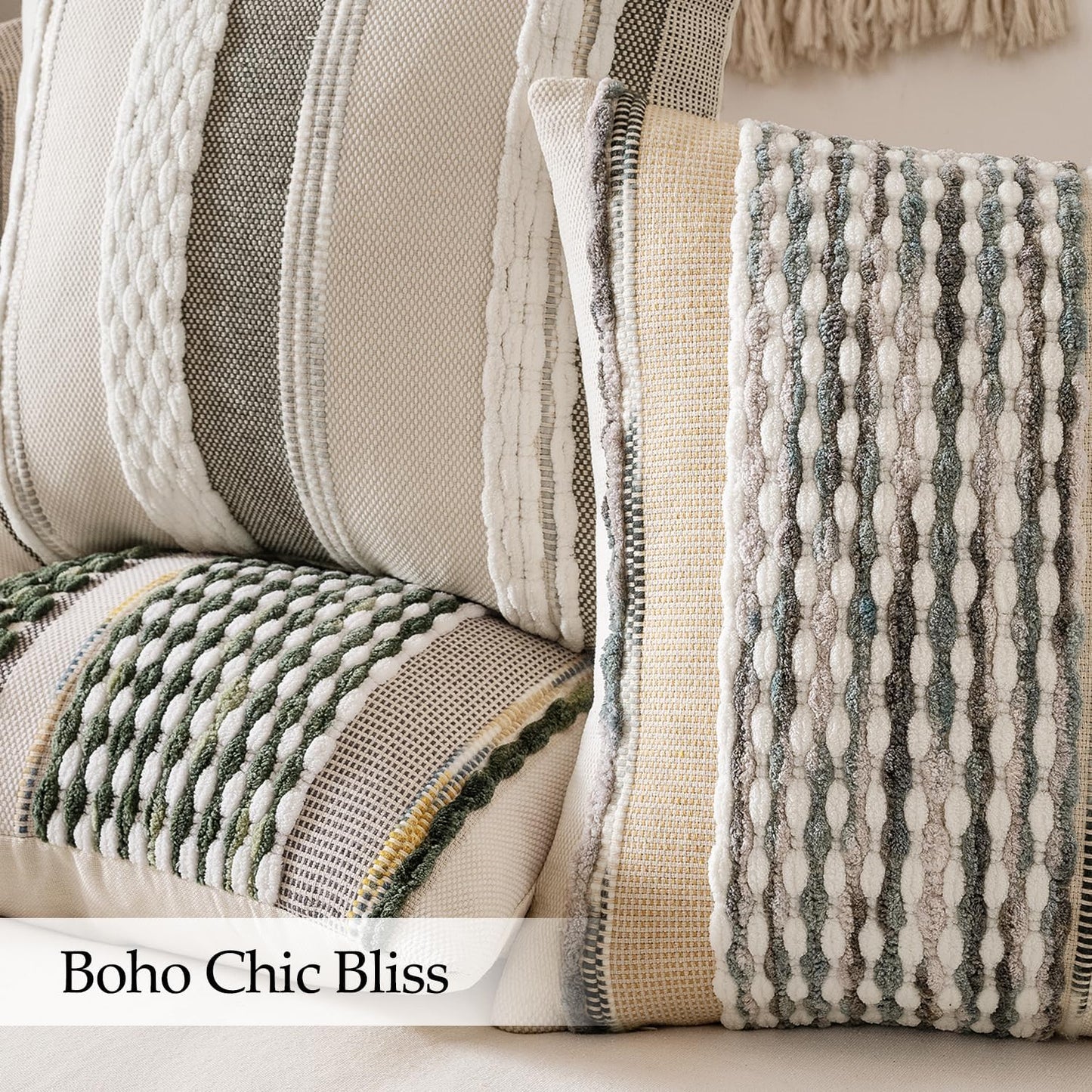 Pack of 2 Boho Decorative Throw Pillow Covers 18X18 Farmhouse Cushion Case Striped Chenille Pillow Cases Square Pillow Covers Accent Neutral Pillowcase for Sofa Couch Bed, Olive Green Stripe