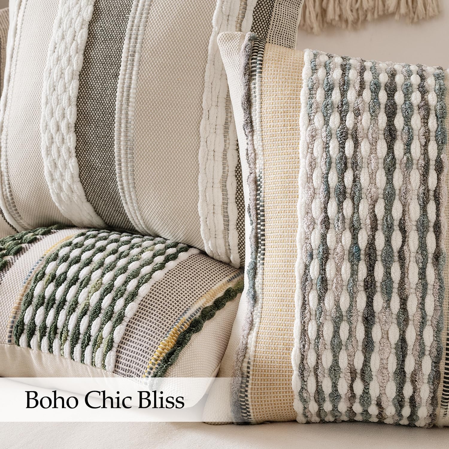 Pack of 2 Boho Decorative Throw Pillow Covers 18X18 Farmhouse Cushion Case Striped Chenille Pillow Cases Square Pillow Covers Accent Neutral Pillowcase for Sofa Couch Bed, Olive Green Stripe