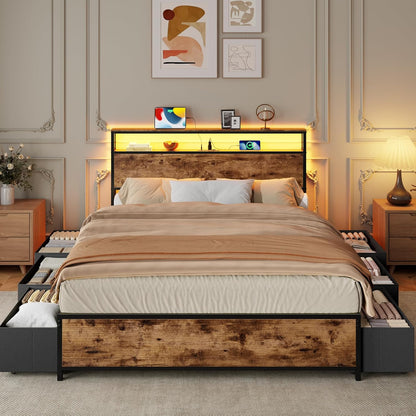 Queen Bed Frame with Headboard & 6 Drawers, Metal Platform Bed Frame Queen Size with Charging Station,Led Lights,2 Tier Shelf Storage Bedframe-No Box Spring Needed,Noise Free,Rustic Brown