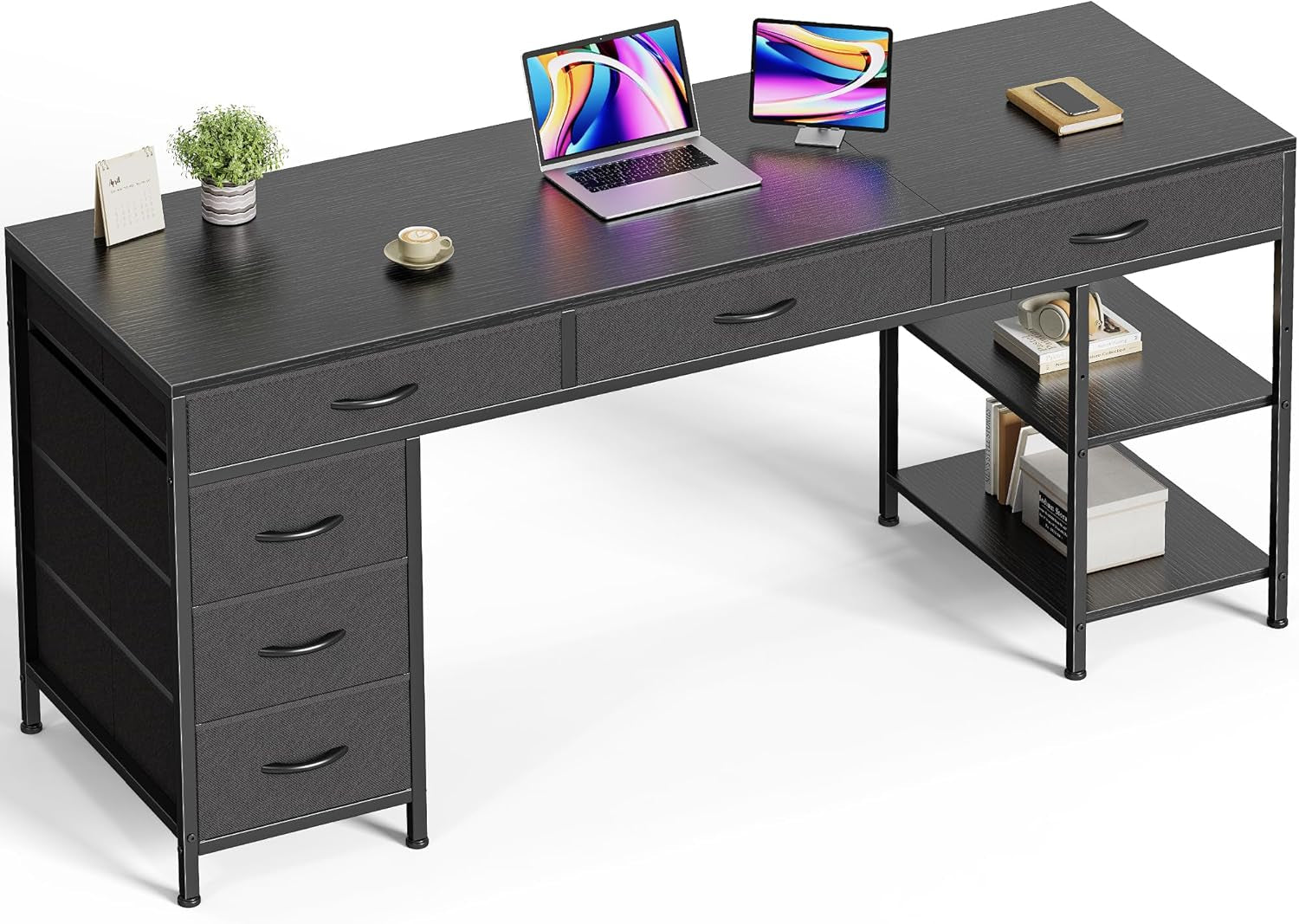 Computer Desk with 6 Drawers, 63 Inch Office Desk with Shelves, Reversible Gaming Desk, Corner Desk with Storage, for Home Office, Study, Living Room, Black