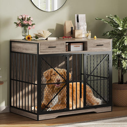 44 Inch Large Dog Crate Furniture, Multi-Functional Dog Cage Table with 2 Drawers and an Open Compartment, Heavy Duty Wooden Dog Crate TV Stand for Indoor Use