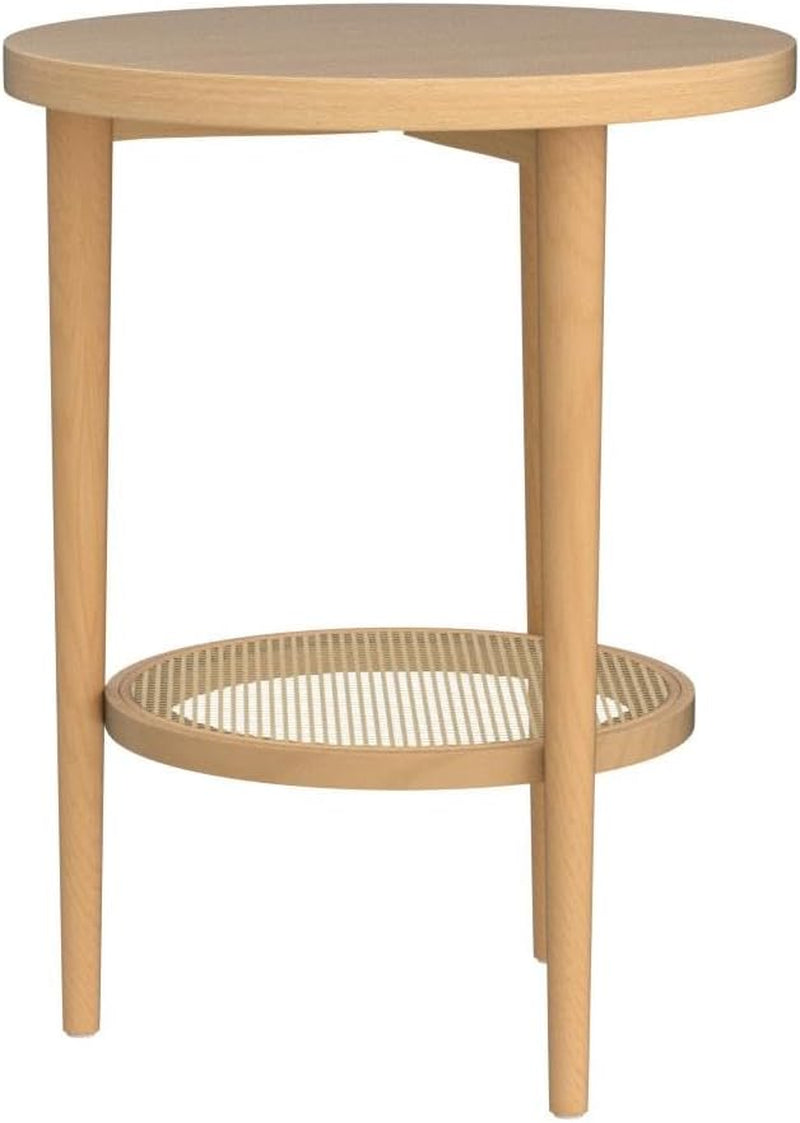 Sonia Boho round Accent End Table, Natural Sofa Side Table in Light Wood with Rattan Storage Shelf for Living Room, Bedroom or Nursery, Light Brown